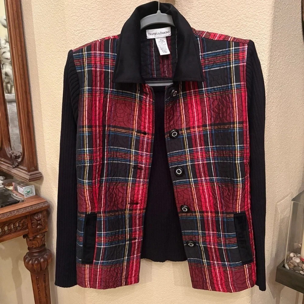 Vintage DRAPER’S & DAMON’S Red Black Plaid Rhinestone Button Holiday Jacket-S